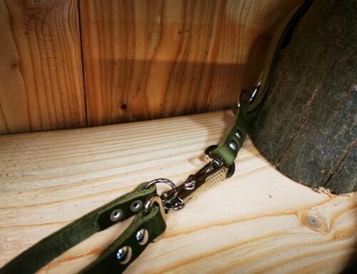 Handgefertigte Befreiungsleine aus robustem Fettleder für Jagdhunde auf Holzoberfläche