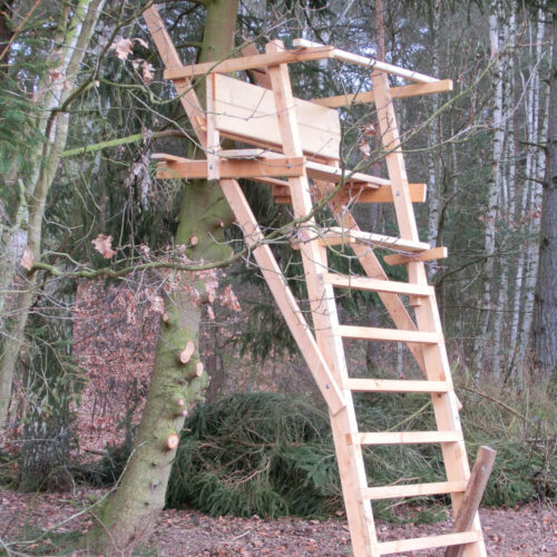 Ein neu gebauter hölzerner Jagdleiter mit Hochsitz im Wald, bereit als Ansitzstand für Jäger.