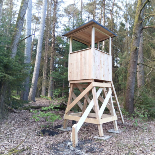 Offene Jagdkanzel Waidmann im Wald mit stabiler Holzkonstruktion und Leiter
