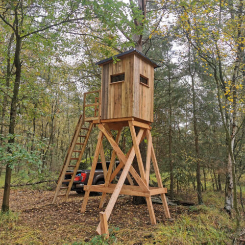 Holzjagdkanzel im Wald mit Leiter und umgebenden Bäumen für Jagdaktivitäten