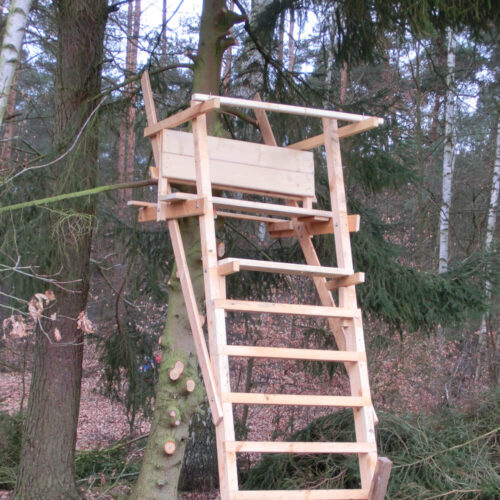 Eine stabile Holz-Jagdleiter / Baumleiter im Wald, ideal für die Bockjagd.